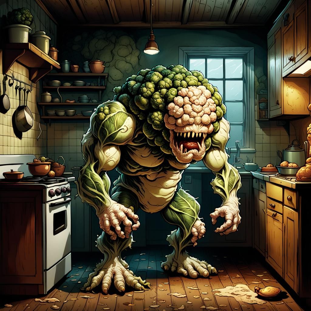 Cauliflower Monster in a Dark Kitchen, Comic Book Art