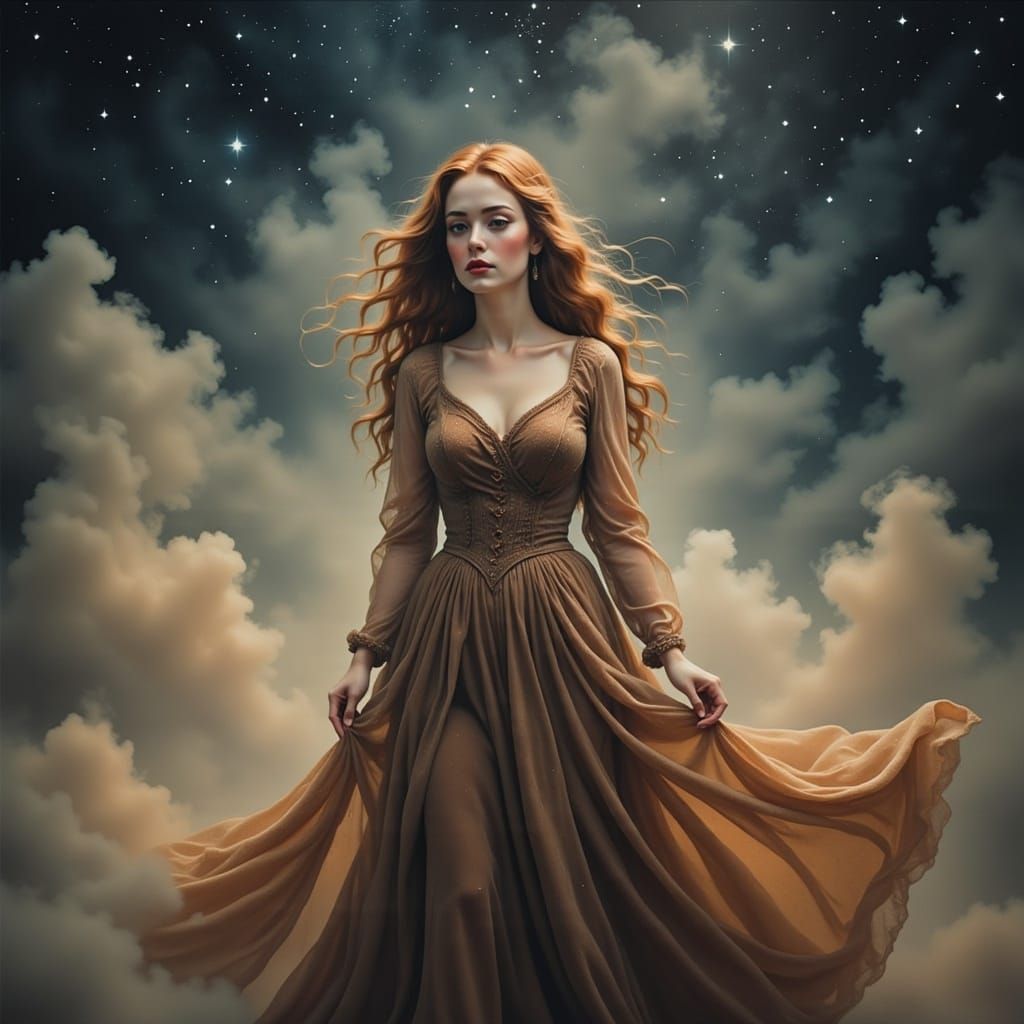 Ethereal Woman in Long Dress, Surrounded by Celestial Smoke ...