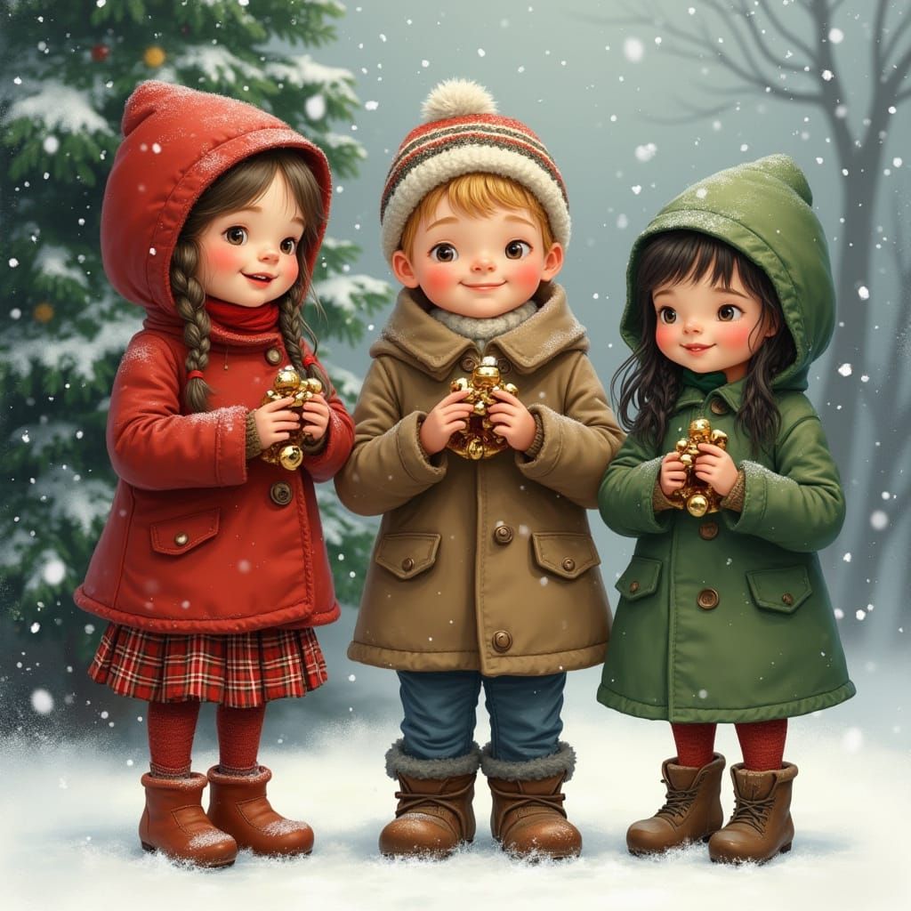 Children Playing Brass Hand Bells in Falling Snow