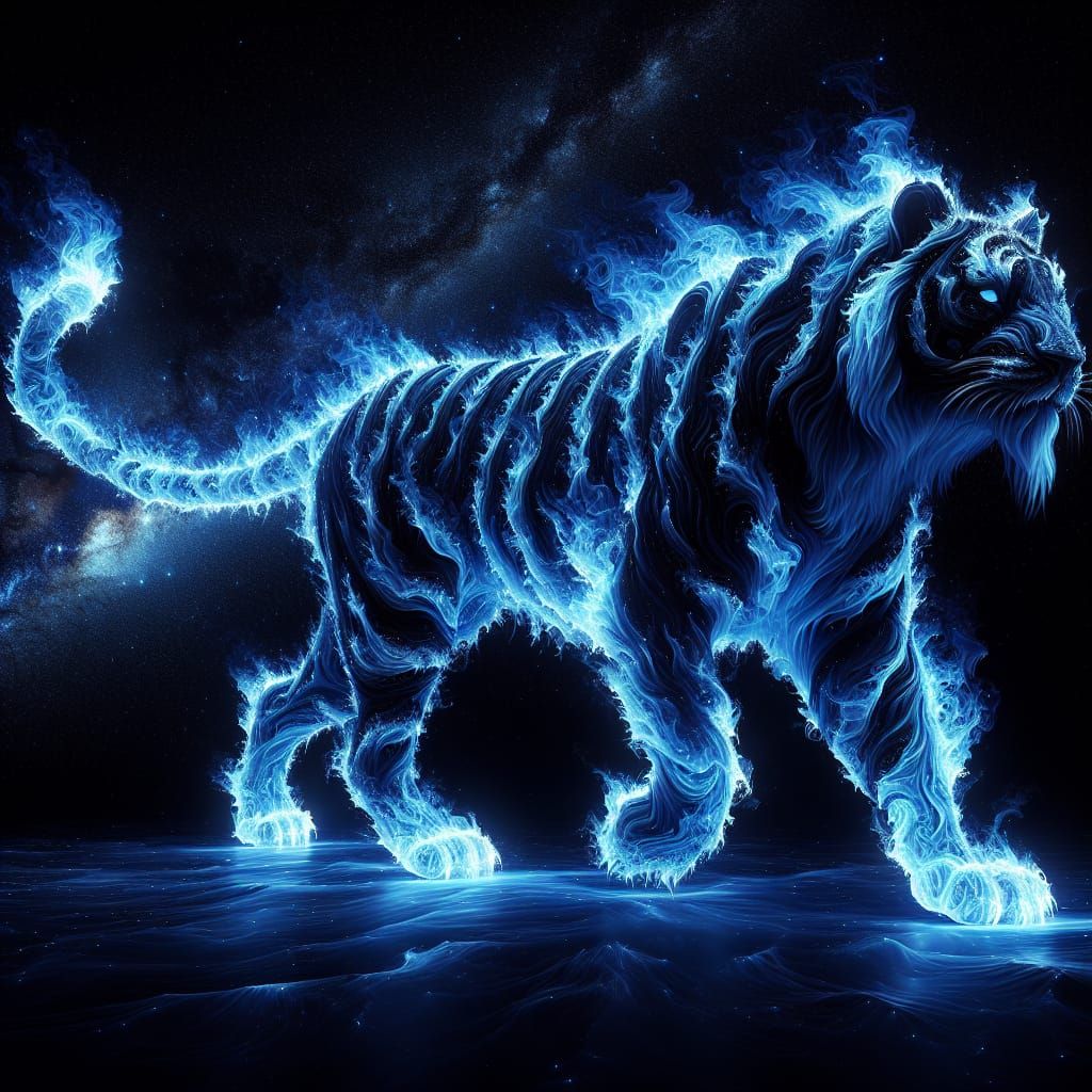 Blue Flame Tiger Roaming the Starry Cosmos