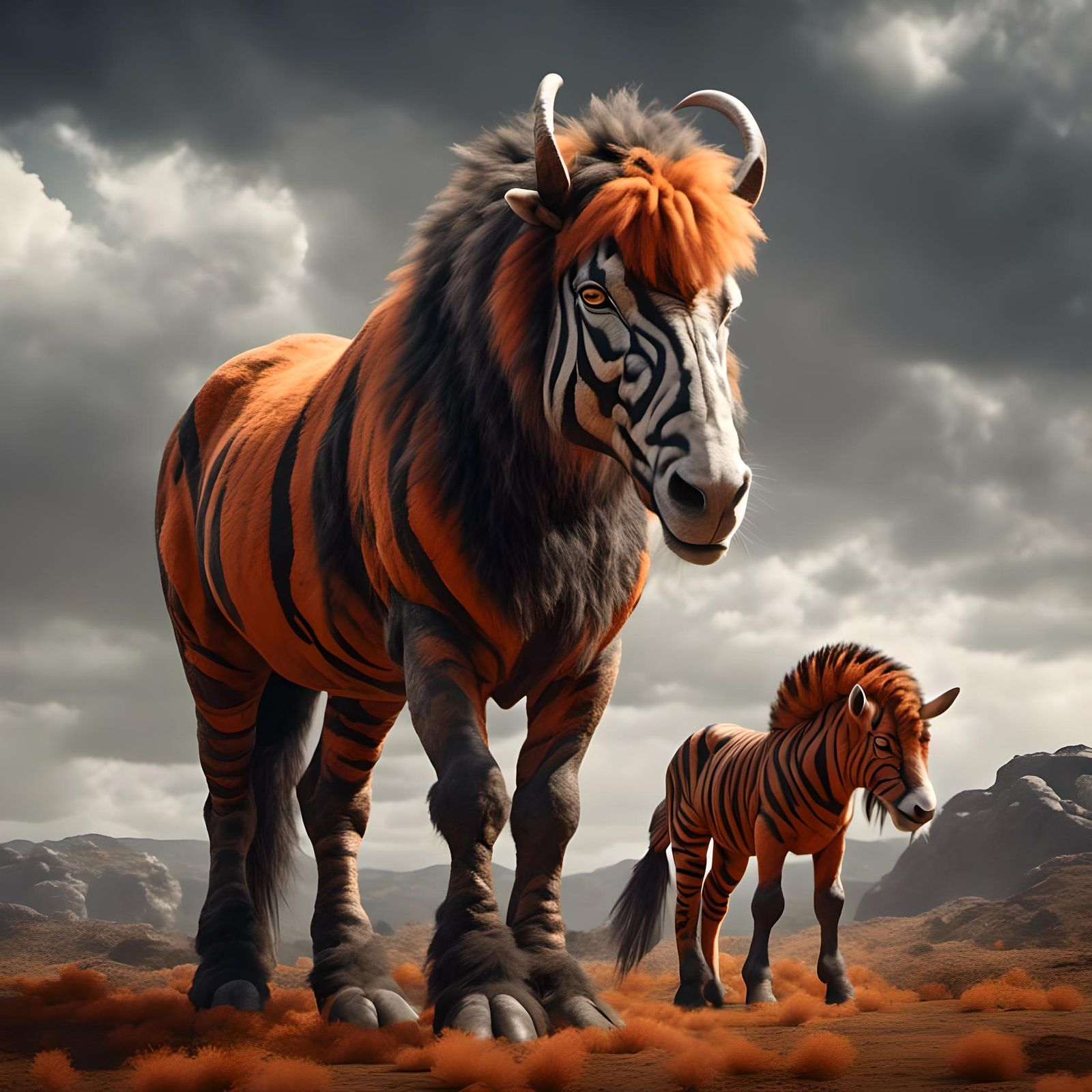 Tiger-Striped Draft Horse with Ram's Horns