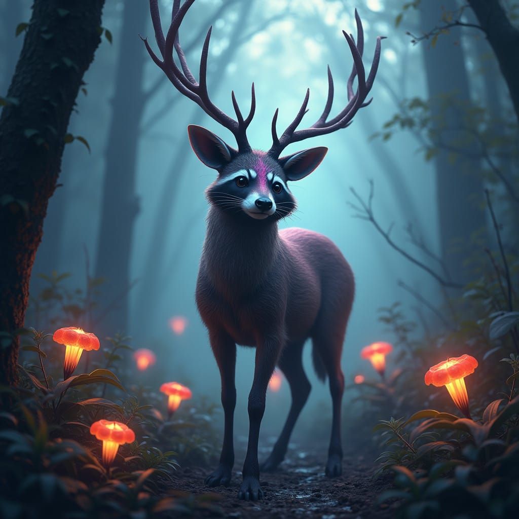 Mythical Raccoon-Deer Hybrid in Iridescent Forest