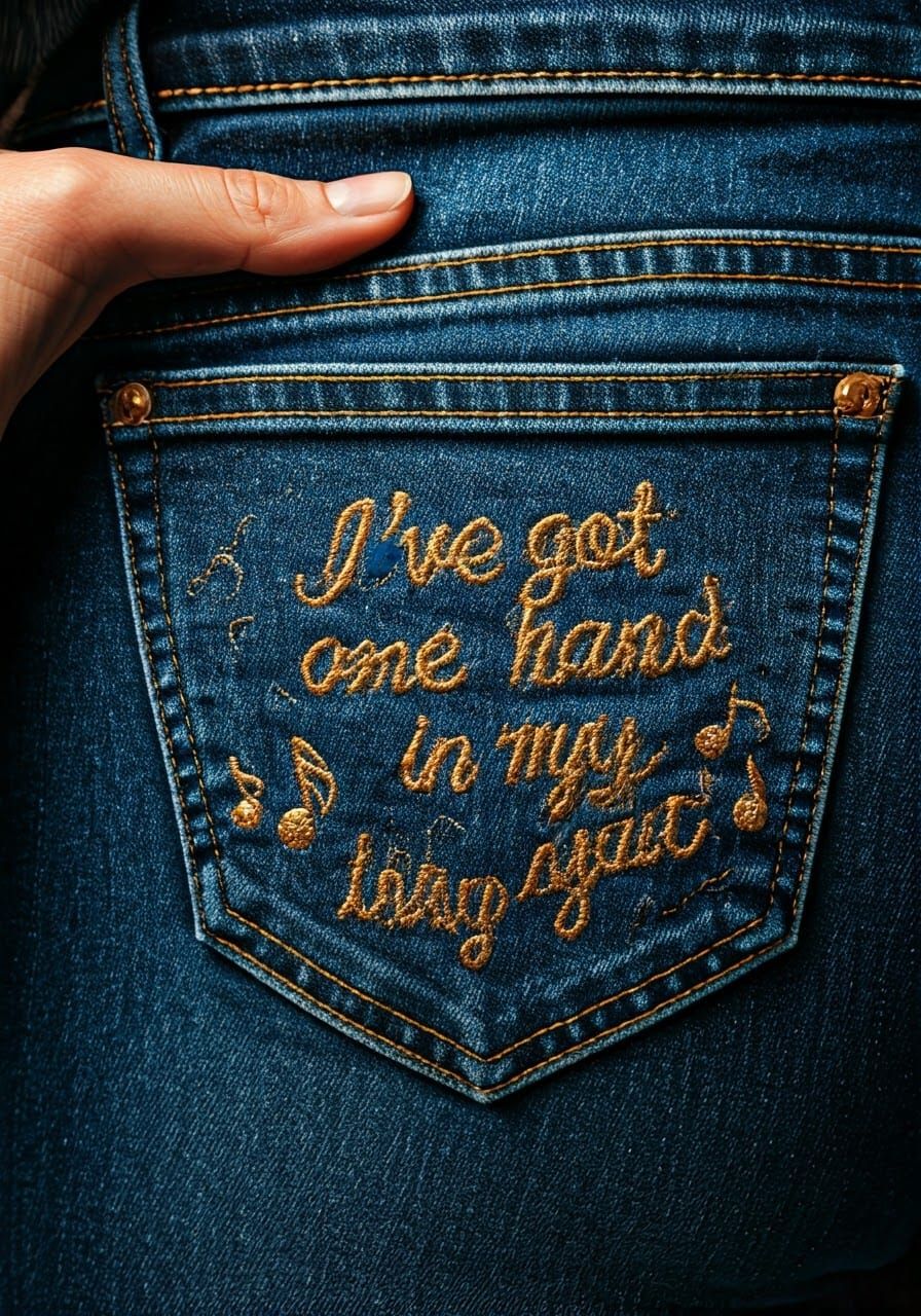Hand in Pocket with Gold Stitched Text