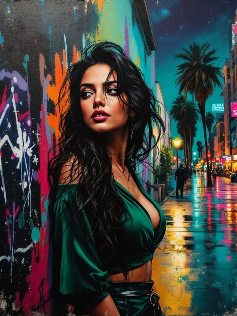 Graffiti Cityscape with Hyperrealistic Portrait of Aishwarya...