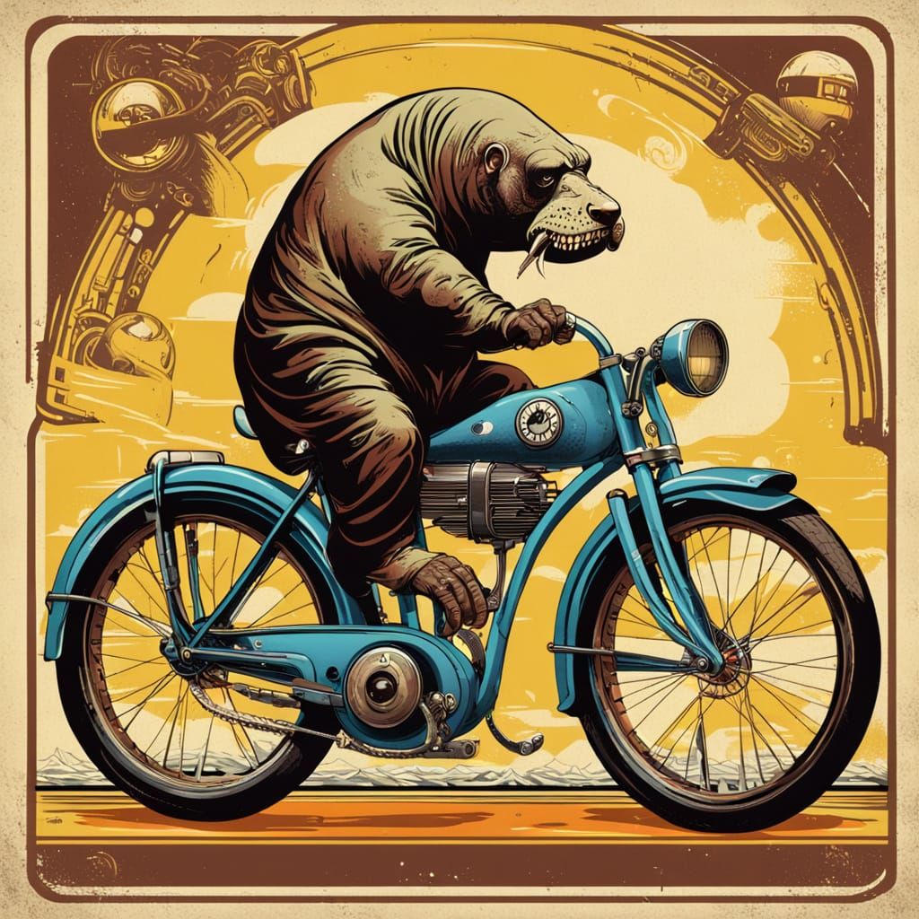 Walrus on Dieselpunk Bike: A Vibrant Vintage Scene