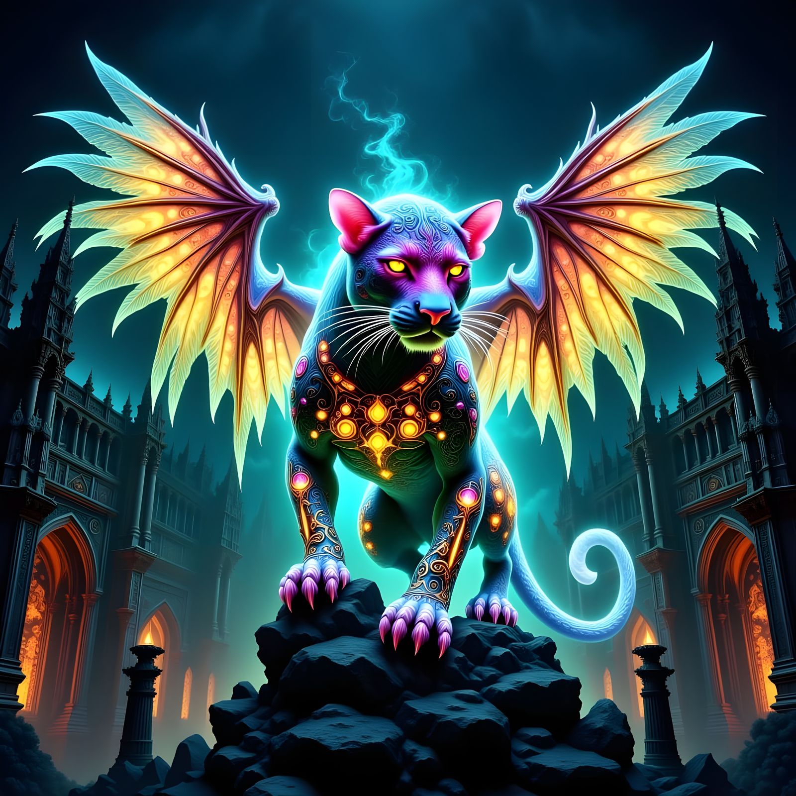 Winged Jaguar of Prismatic Light and Gold Runes
