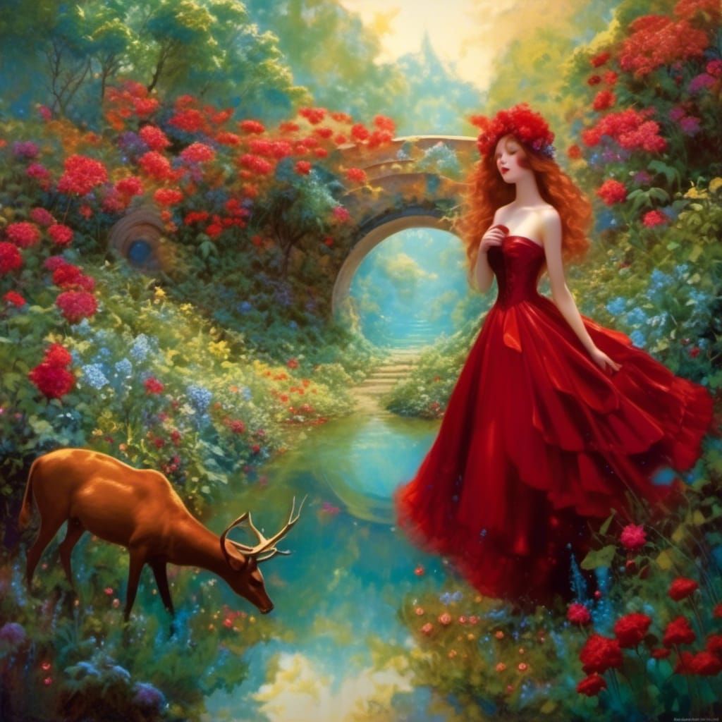 Redhead Woman in Utopian Moonlit Watercolor World