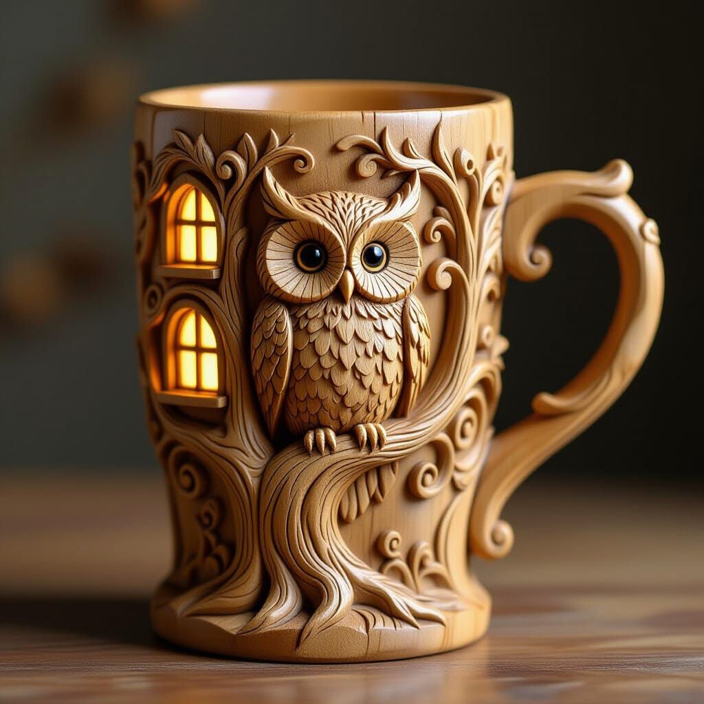 Whimsical Owl Carved Wooden Mug in Garcia Style