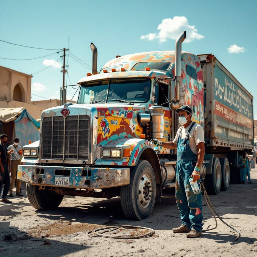 Iranian Truck Painted Under Scorching Sunlight, Cinematic St...