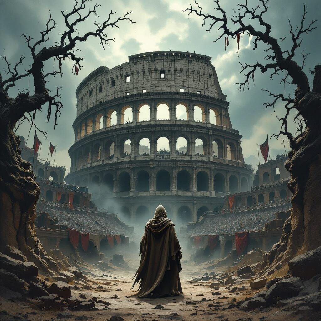 Cloaked Figure at Crumbling Colosseum in Dark Fantasy Style