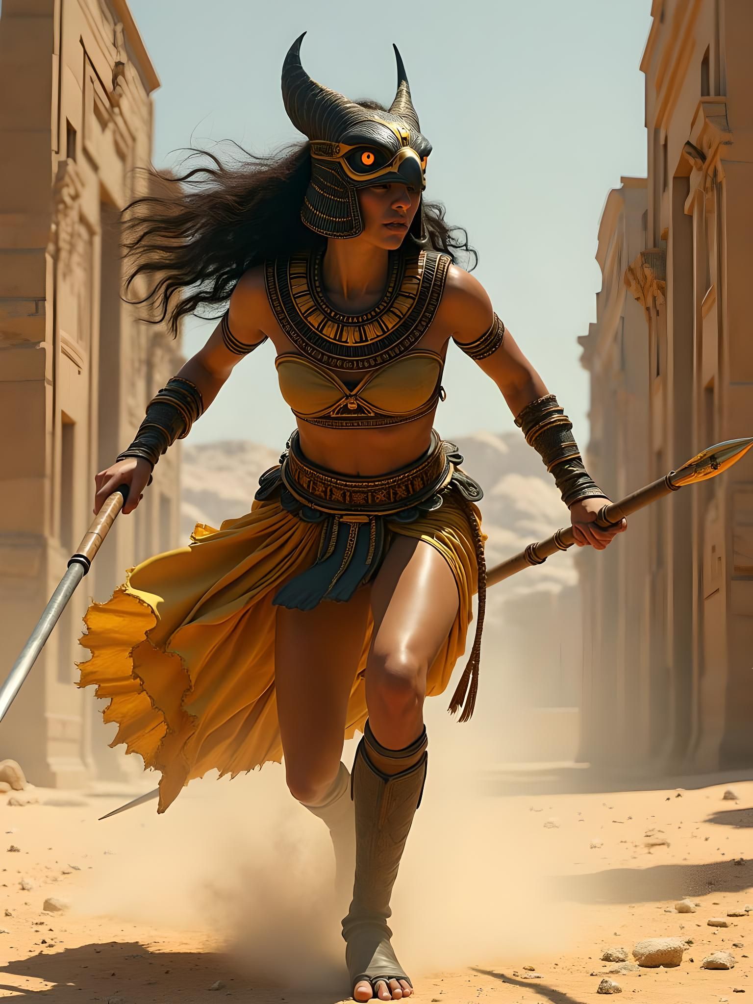 An ancient Egyptian warrior woman wearing hawk mask leaping ...