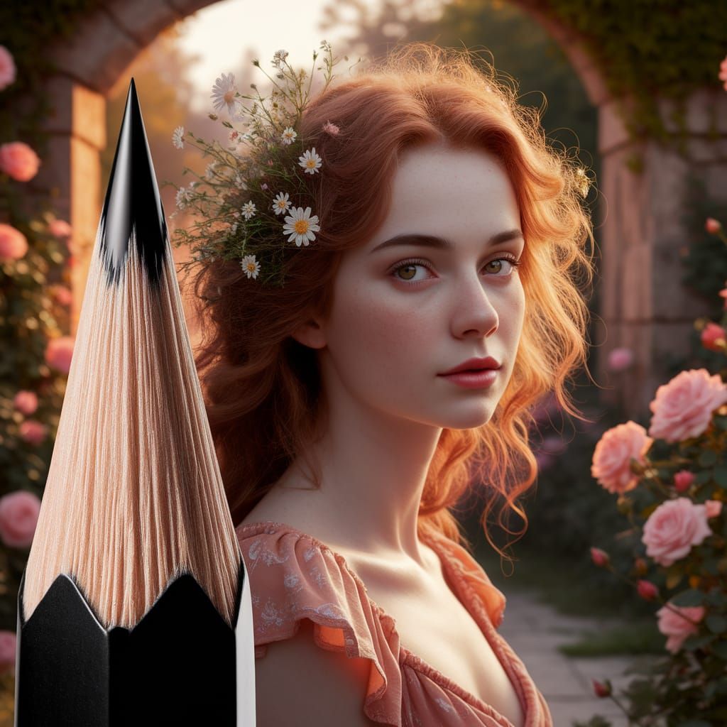 Pencil Tip Transforms into Beautiful Woman in Garden