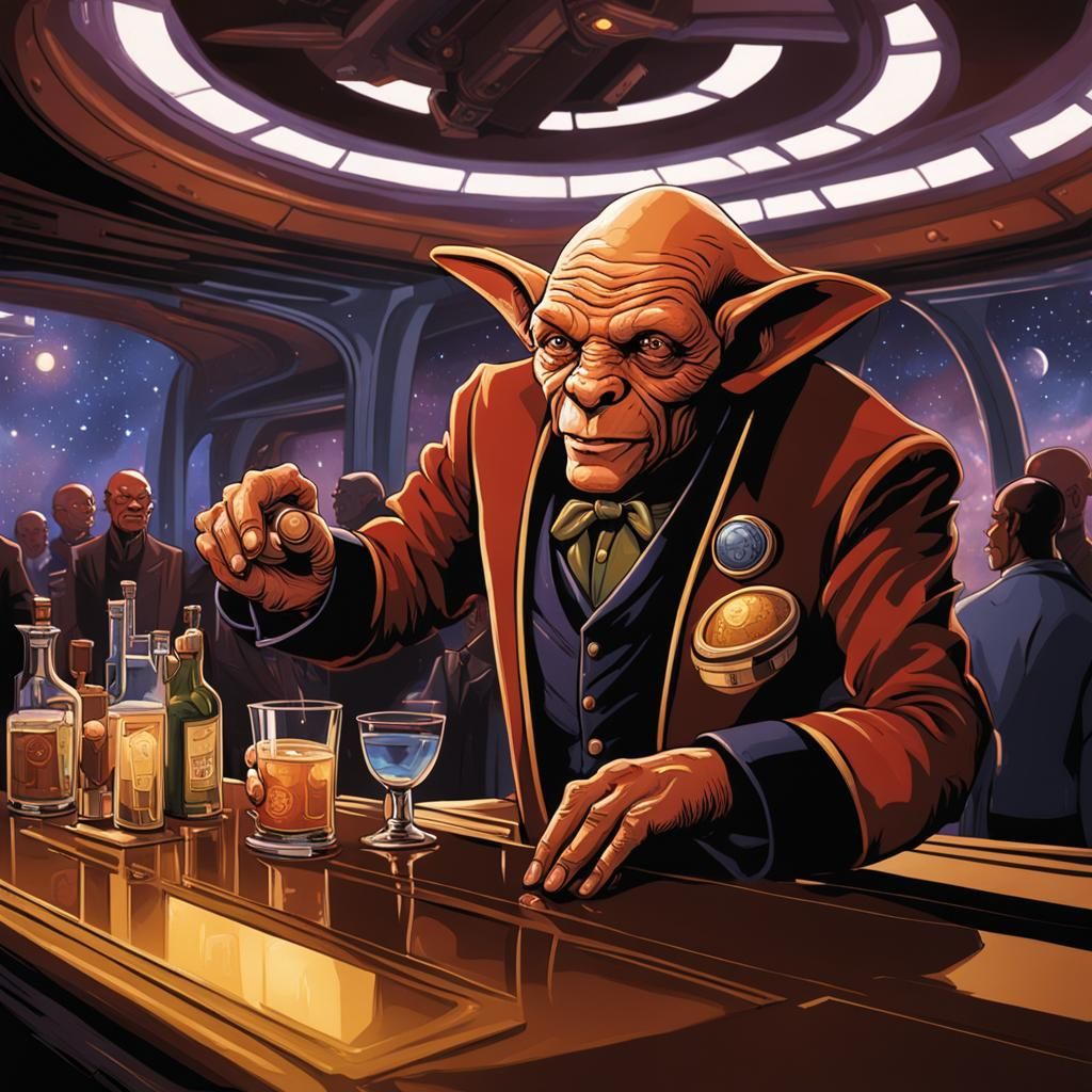 Quark the Ferengi Tending Bar in Art Deco Style