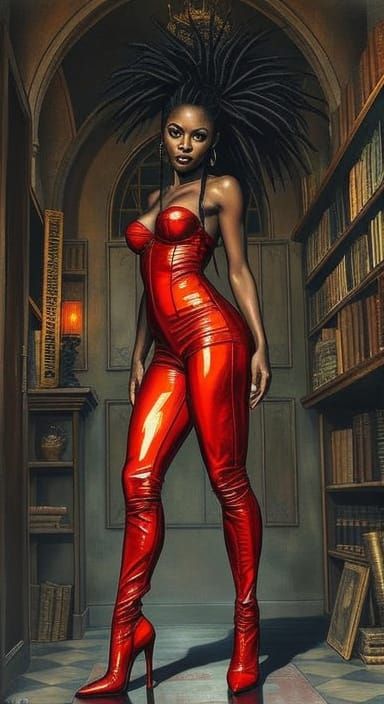 Provocative Woman in Occult Library: Ink and Painting