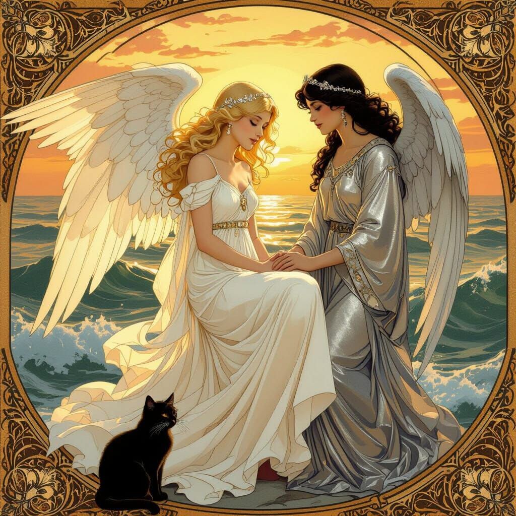 Angels Embrace at Sunset in Art Nouveau Style
