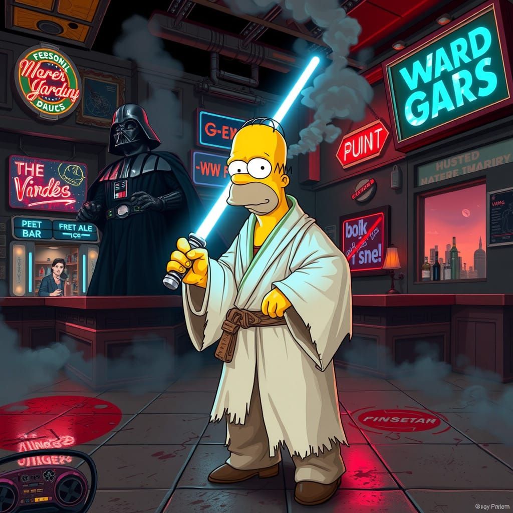 Homer Simpson: Tattered Jedi in a Galactic Dive Bar