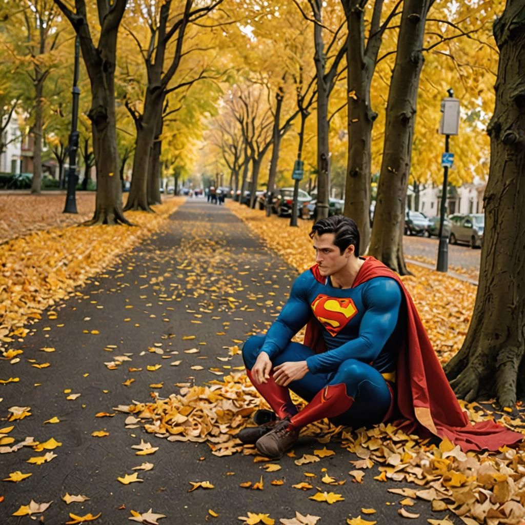 Superman in Autumnal Setting with Golden Leaves