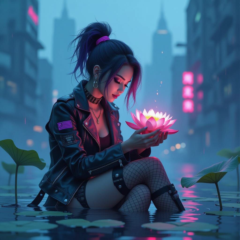 Cyberpunk Fairy Nurturing Lotus Flower in Neon City