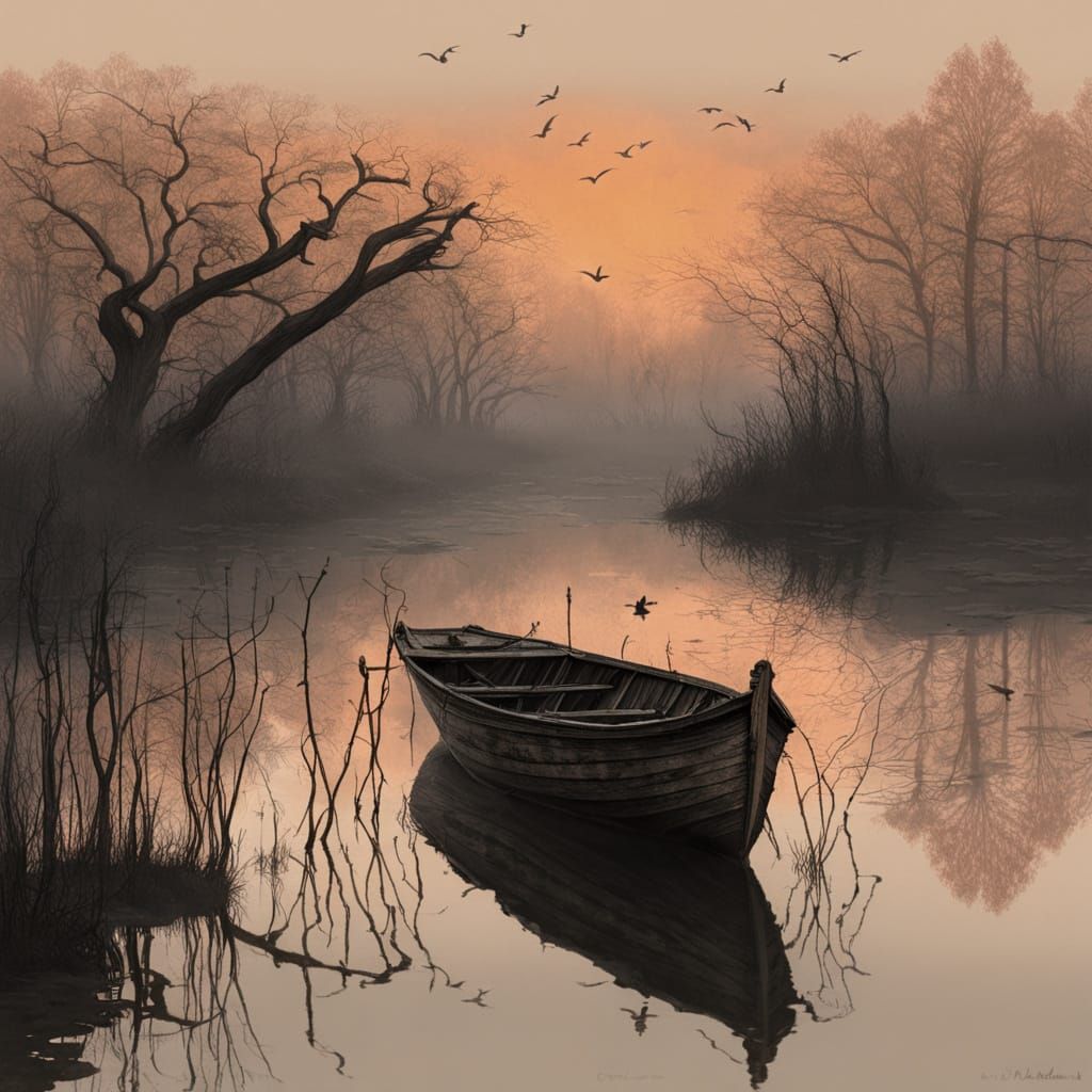 A solitary heron perches on a decaying wooden boat, its hull...