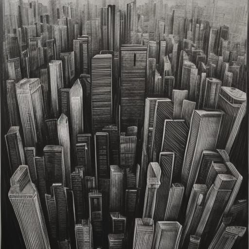 Urban Serigraphy: Skyscraper Aerial View in Film Noir