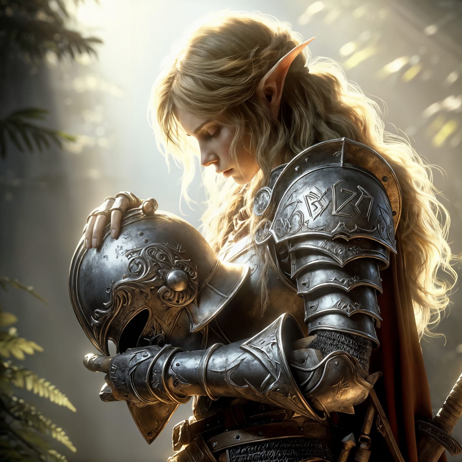 Vigilant Elf Knight in Sunlit Forest: Detailed Fantasy Art