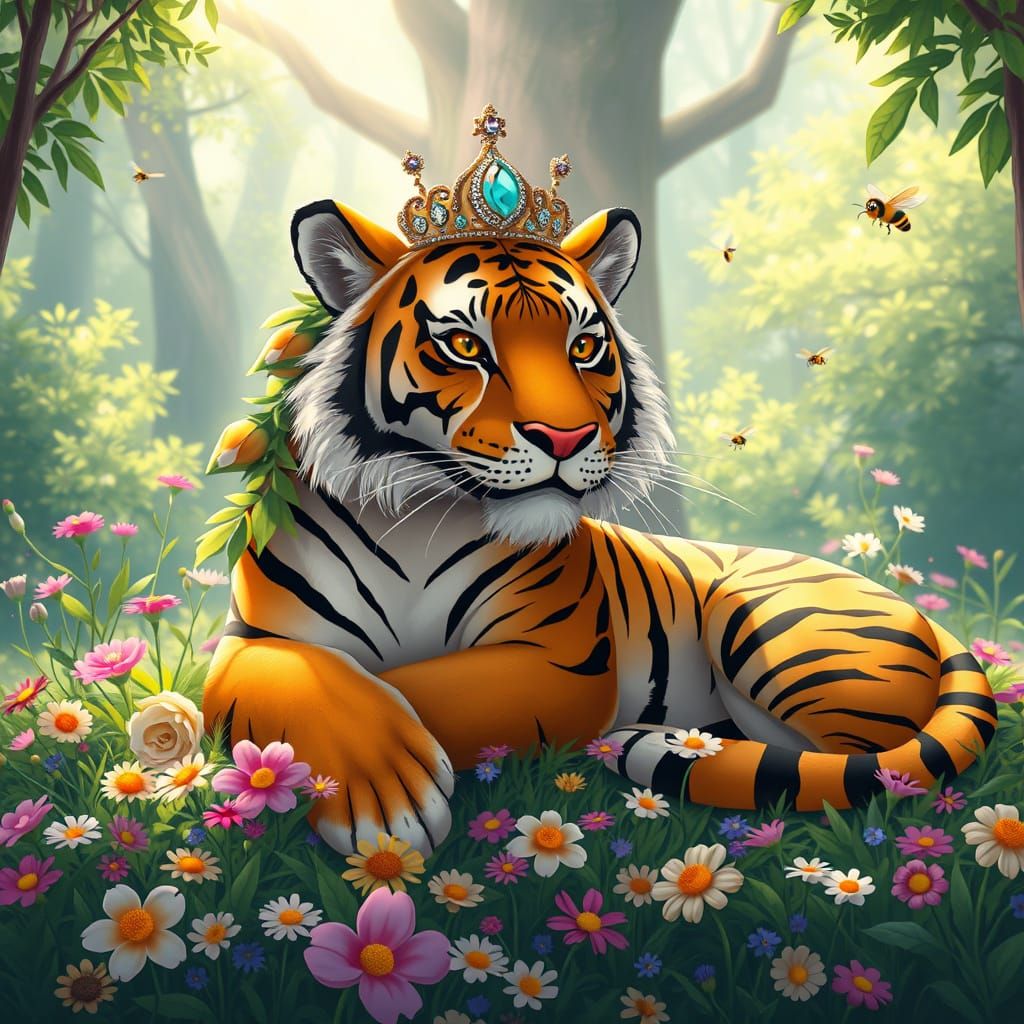 Cartoon Bengal Tiger in Sunlit Forest Glade