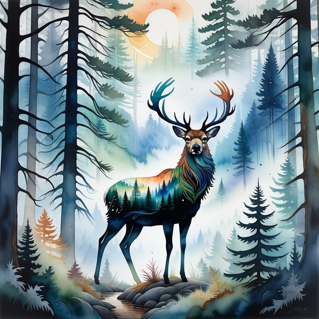 Feather with Watercolor Forest Landscape Art