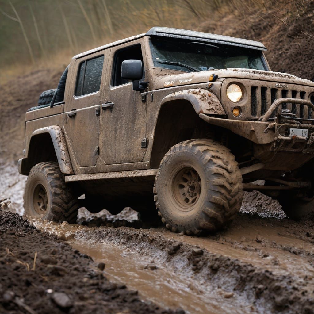 Rugged Resilience
Mud-caked tires and weathered paint, an off-road behemoth navigates treacherous terrain, a testament t...