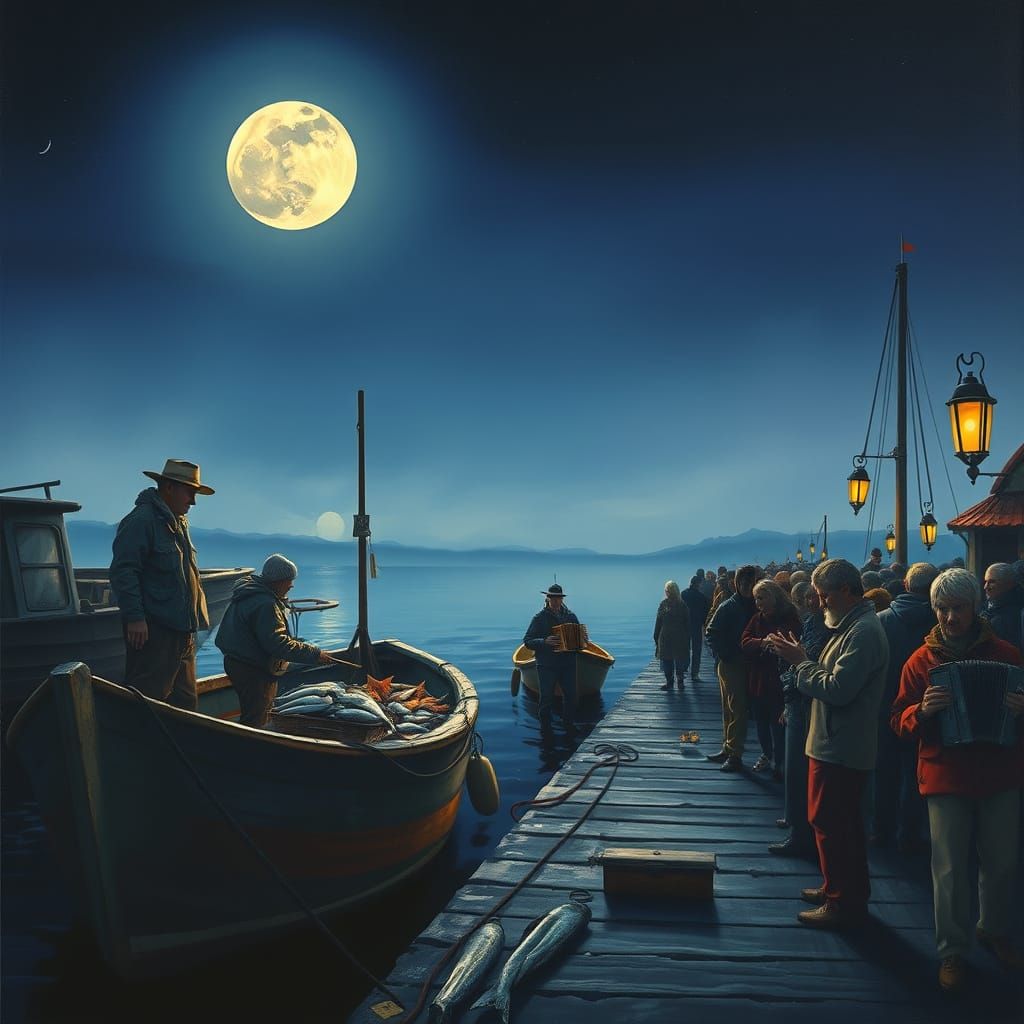 Moonlit Harbor Scene with Fishermen and Accordion Player