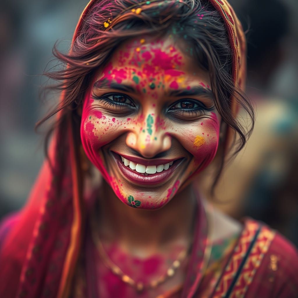 Indian Woman Smiles in Vibrant Holi Festival Atmosphere