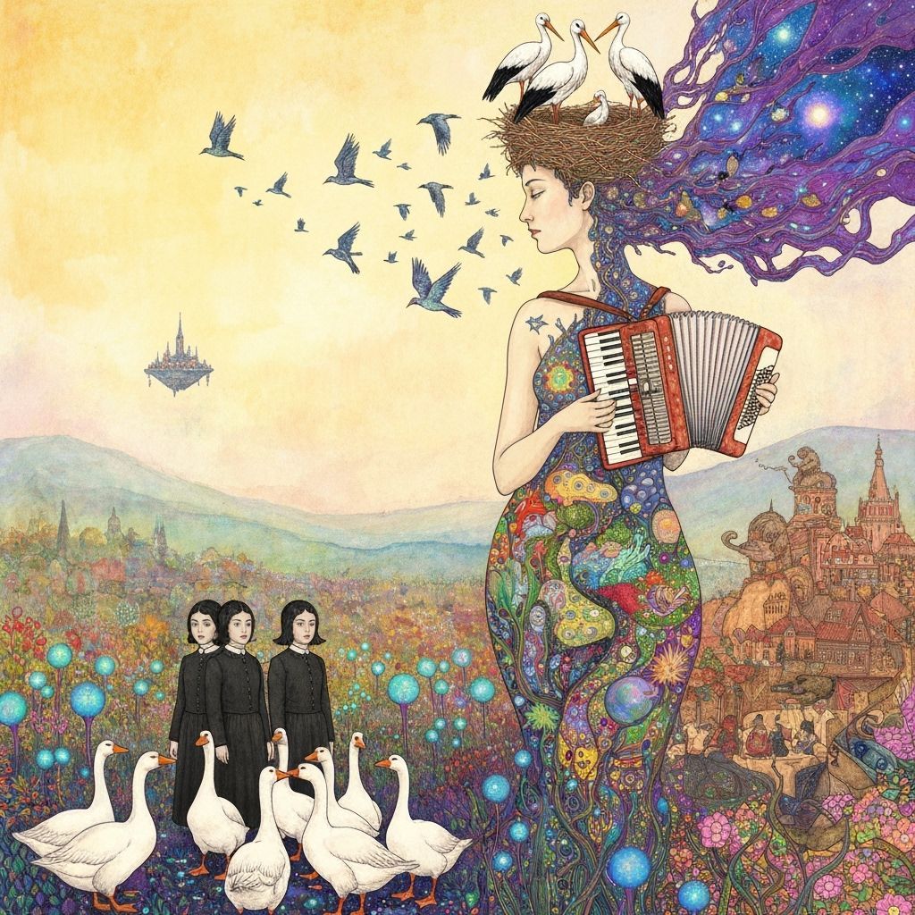 Ethereal Woman's Transformation into Birds in Cosmic Garden