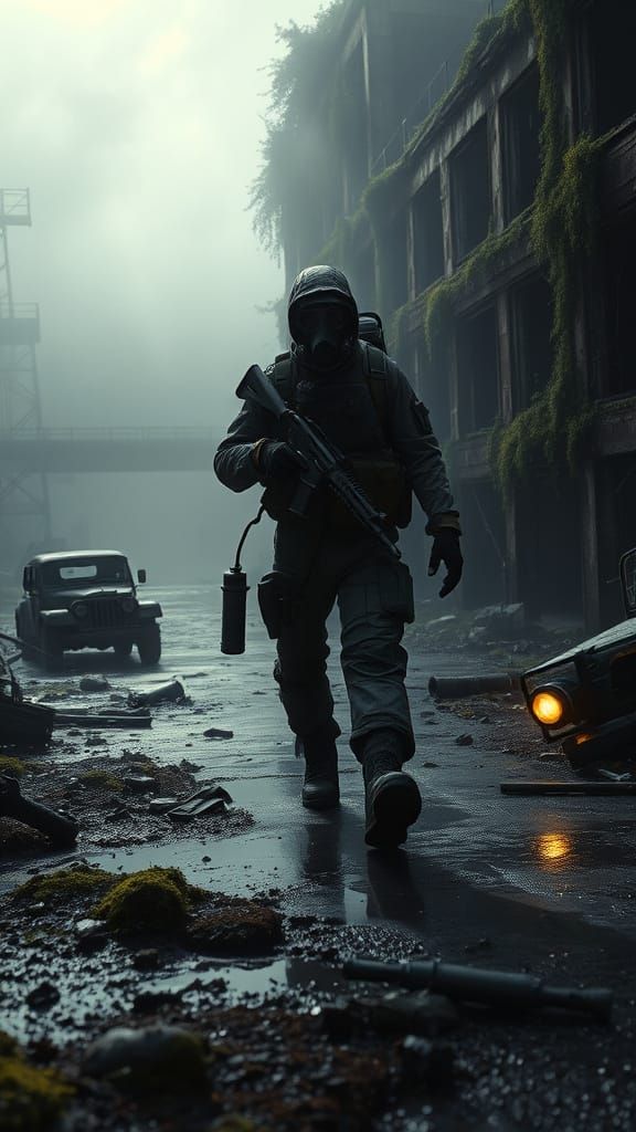 Lone Survivor in Foggy Industrial Ruins