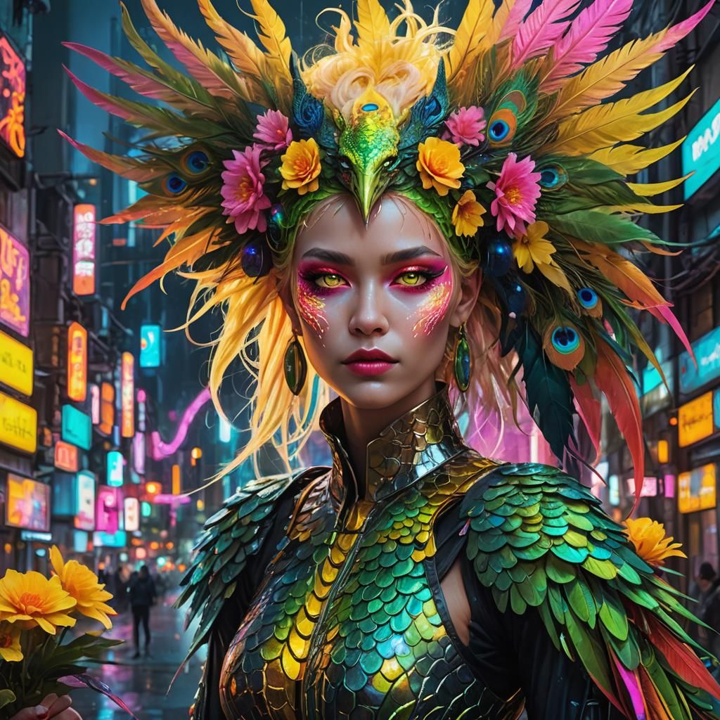 Cyberpunk Dragon Peacock Woman Portrait in Neon City
