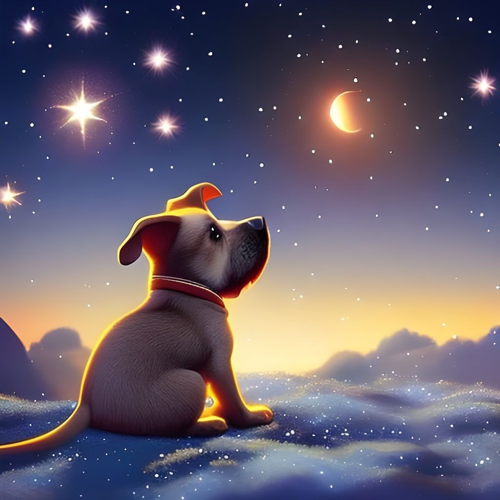 Dog Gazing at Starry Night Sky, Digital Art