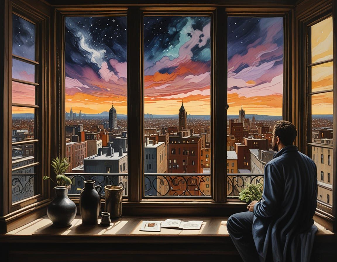 Surreal Cityscape Transports Figure to Cosmic Galaxy