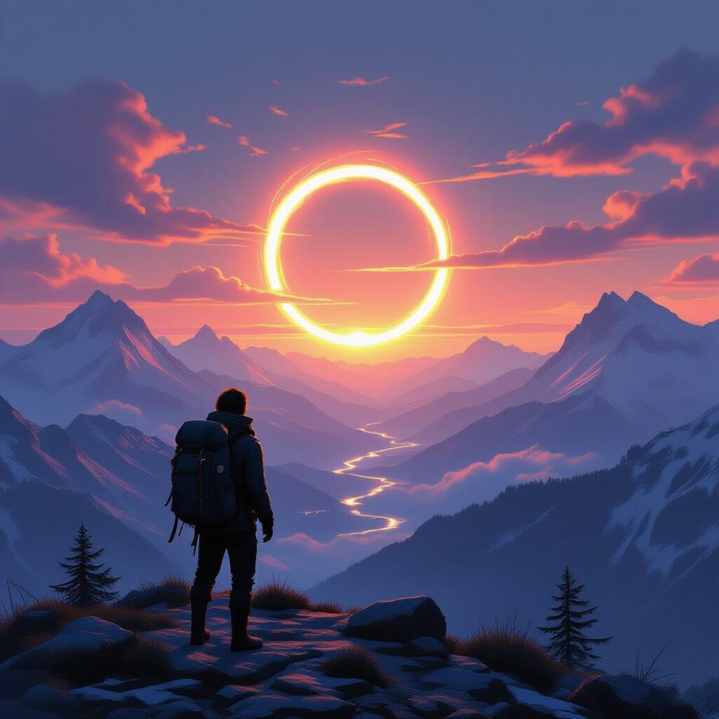Hiker Gazes at Glowing Portal on Twin Sunset Mountain Peak