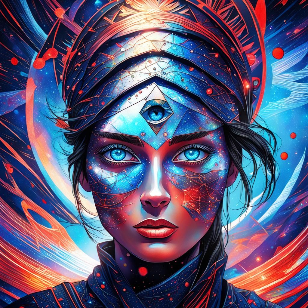Girl with Blue Eyes and Shadow, Holographic Illustration