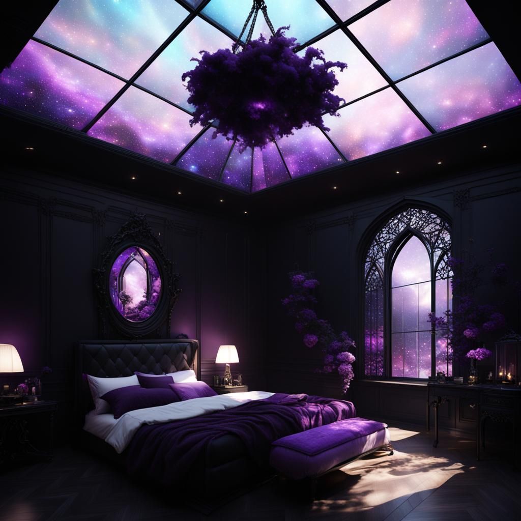 Beautiful skylight gothic bedroom black walls beautiful skylight windows& black gothic bed with purple accents& lots of ...