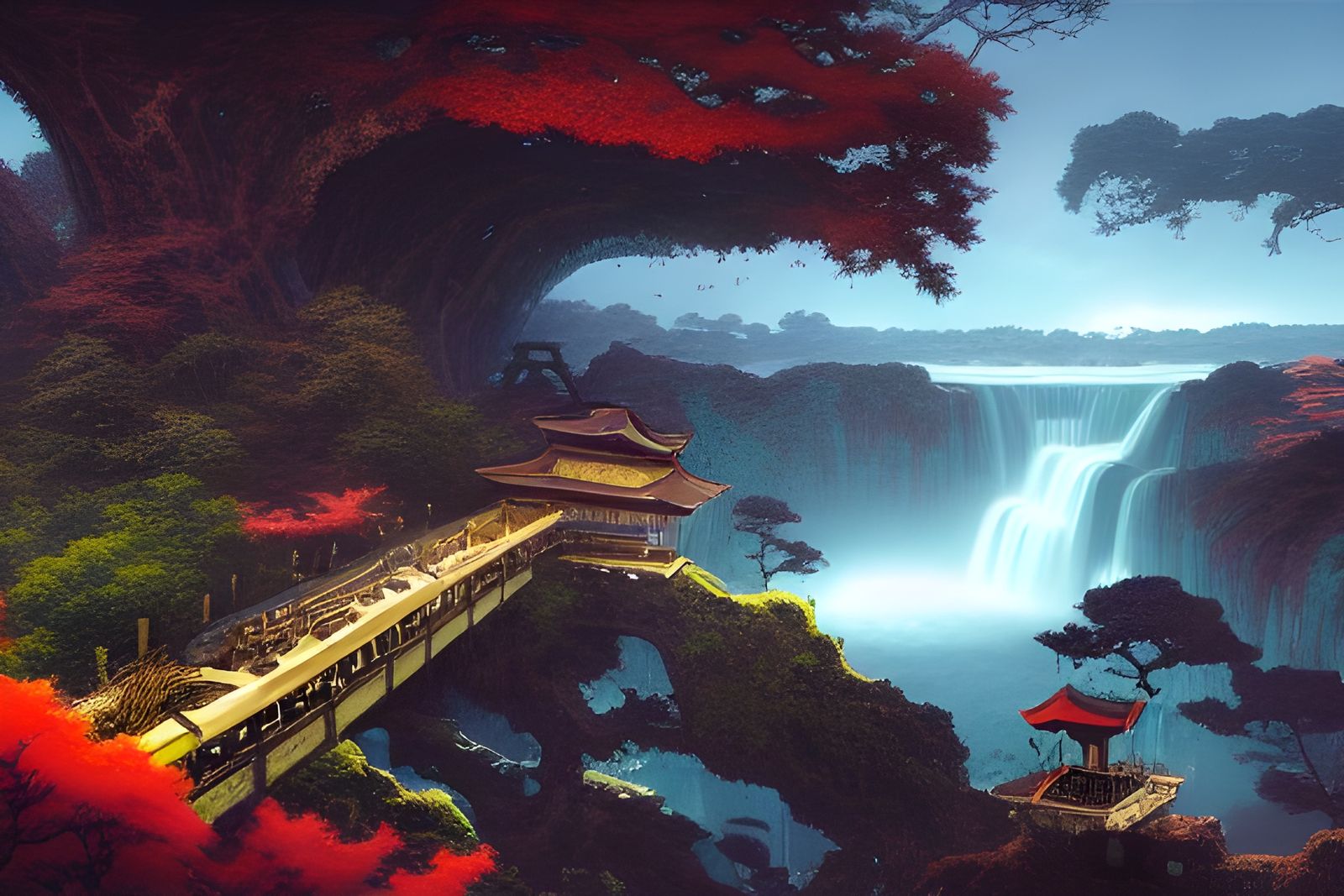 Dark Fantasy Land Bridge with Waterfall and Frog House