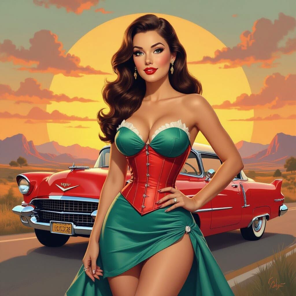 Curvy Pin-Up Woman Poses with Vintage Cadillac at Sunset