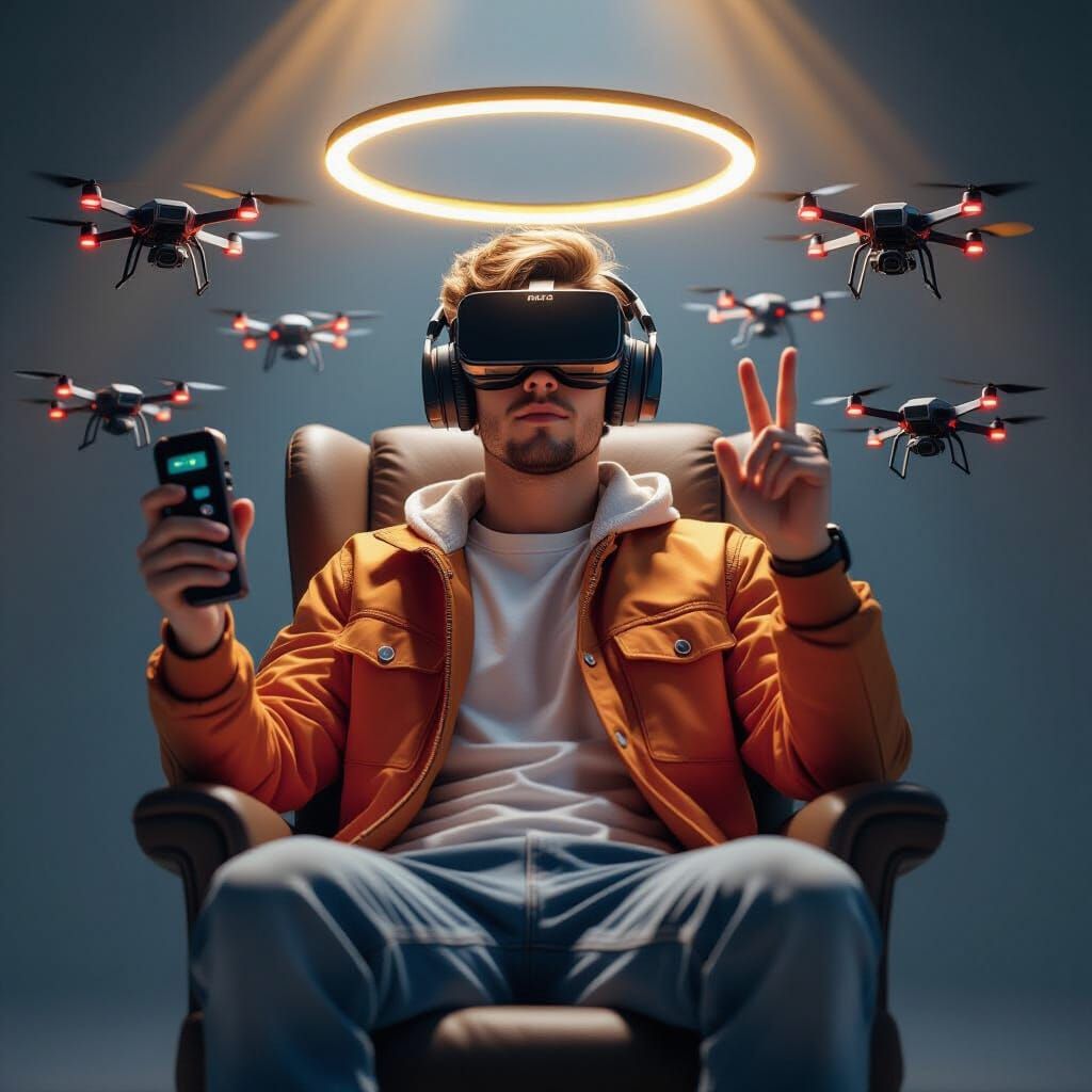 Heroic Man in FPV Goggles with Orbiting Drones