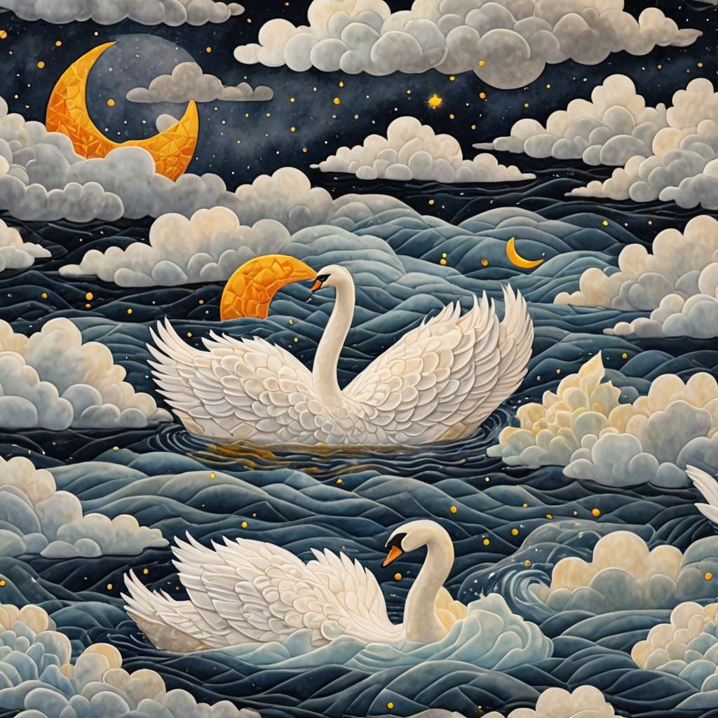 Quilted Swan in Quilted Waters Under Moonlight