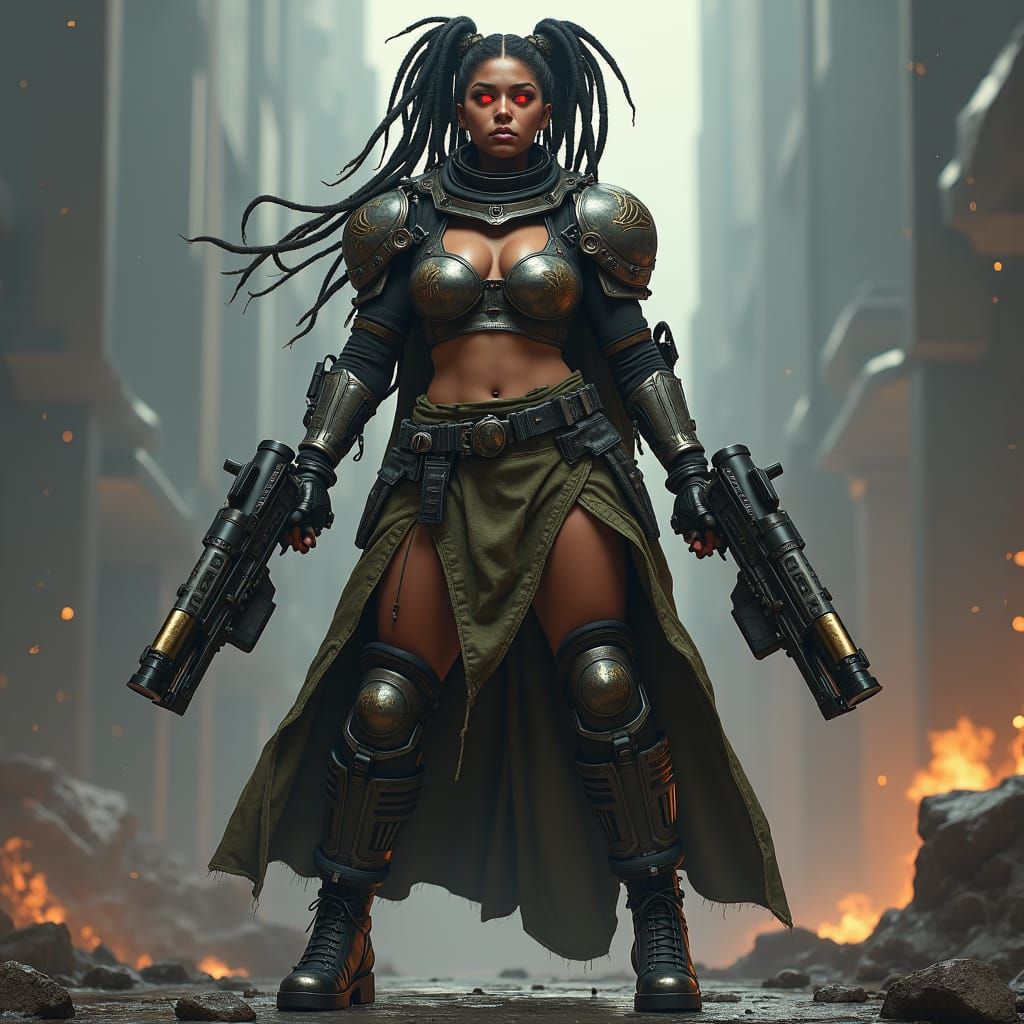Latina Warrior in Sci-Fi Armor, Duo-Tone Aesthetic