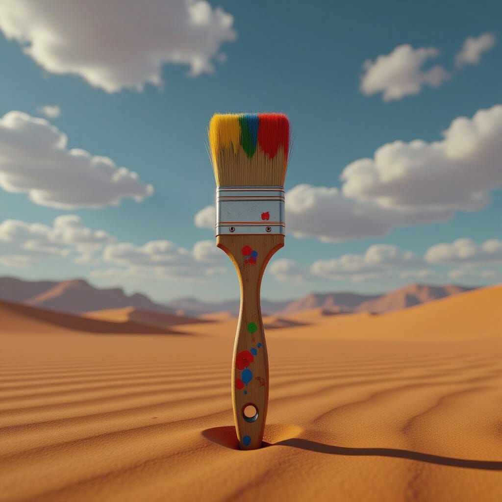 Paintbrush in Desert Landscape, Hyper-Realistic 3D Render