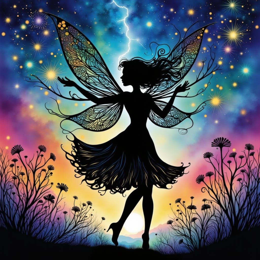 Enchanting Fairy Silhouette Dance Under Night Sky