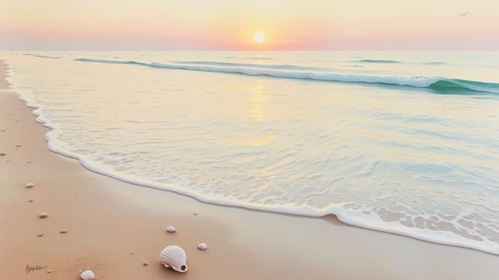 Surreal Watercolor Beach Scene with Soft Light and Gentle Wa...