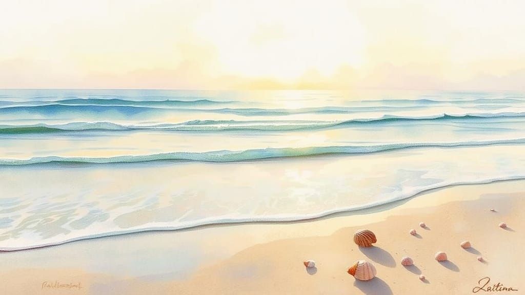 Gentle Morning Beach Scene in Watercolor Style