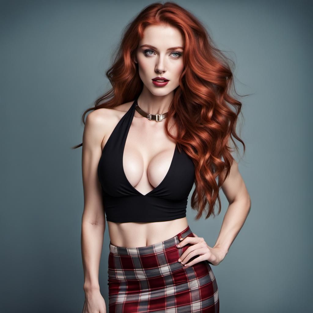 Thin beautiful woman with long wavy red hair