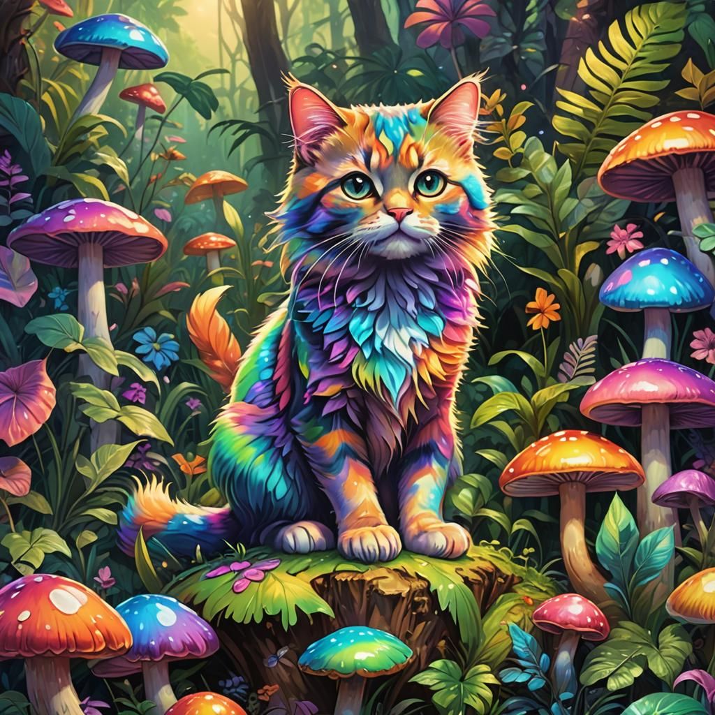 Rainbow Cat on Mushroom, Fantasy Art
