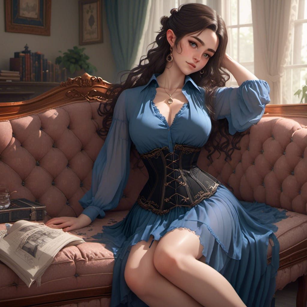 Brunette Woman in Blue Blouse in Anime Style